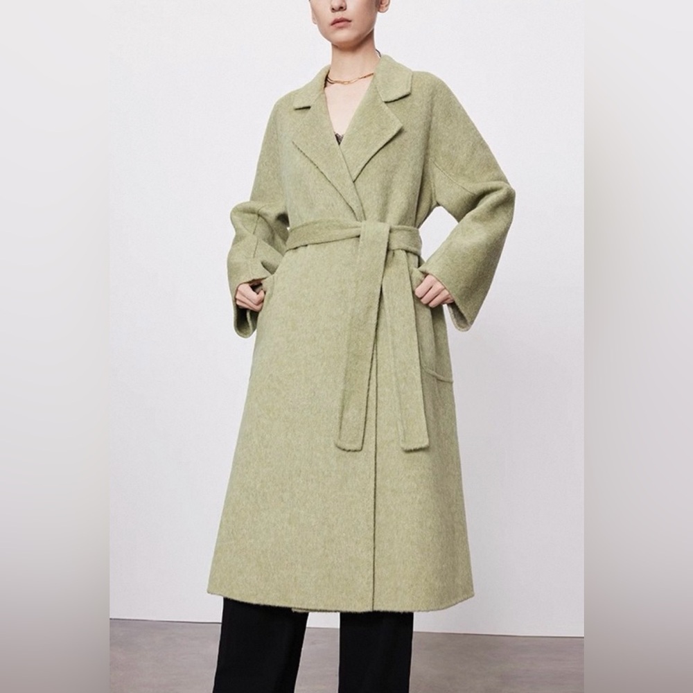 W.amber double face belted wool long coat khaki green xs